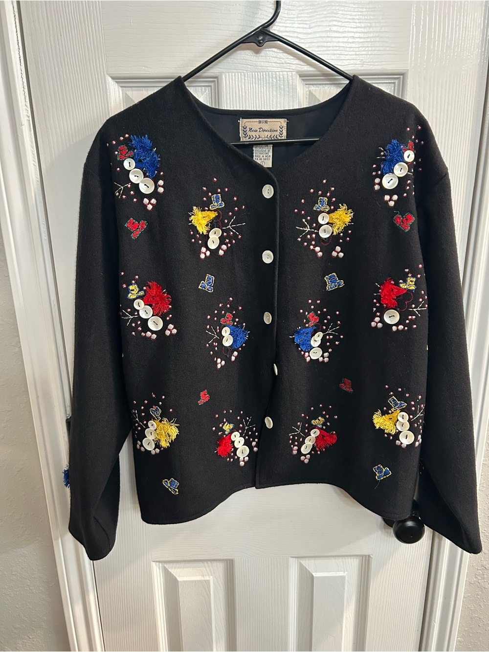 New Direction Womens L Black Snowman Holiday Embroidered vintage  Cardigan